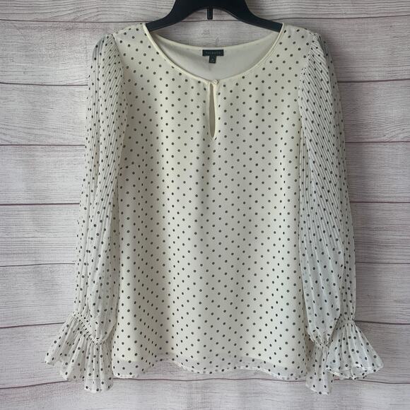 Talbots Off-White with Black Polka Dot Blouse Front Keyhole Ruffle Cuffs Size M - Picture 1 of 11